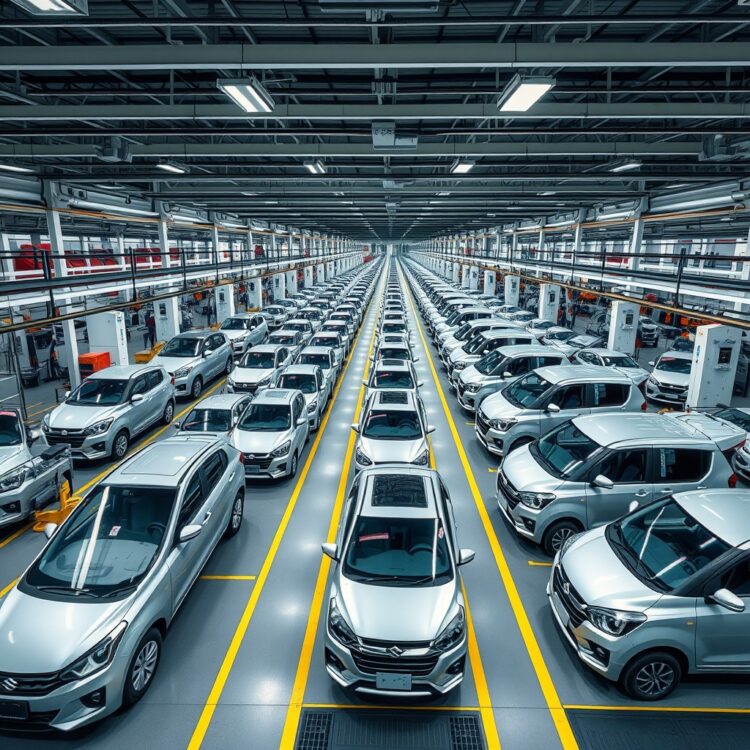 Aerial view of a modern Suzuki manufacturing plant with cars lined up for production, showcasing the global scale of Suzuki Cultus manufacturing.