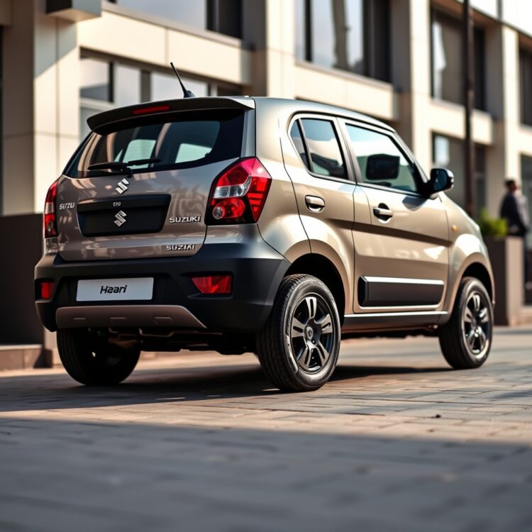 A sleek, professional stock photo of a Suzuki Mehran showcasing its exterior design highlights, parked in an urban setting with natural lighting.