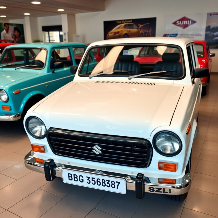 A professional stock photo capturing the essence of Suzuki Mehran's legacy, featuring a line of Mehran cars in a showroom setting, emphasizing their historical popularity.