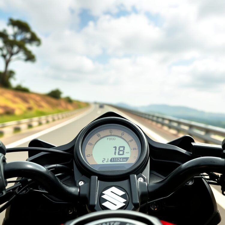 A close-up of the Suzuki Mehran VXR's dashboard displaying the fuel efficiency meter, set against a scenic highway backdrop.