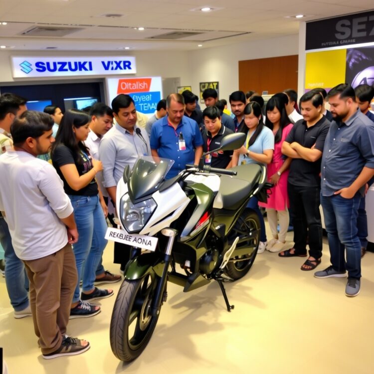 A diverse group of people discussing and examining a Suzuki Mehran VXR at a dealership, showcasing real user engagement.
