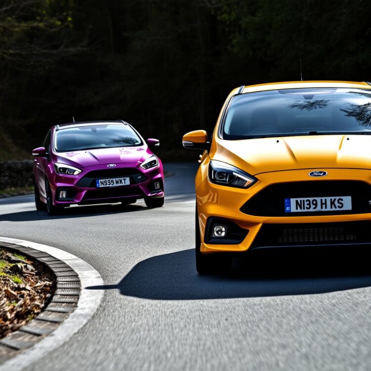 A dynamic shot of the Vauxhall Astra VXR and Ford Focus ST navigating a winding road, highlighting their handling and driving dynamics.