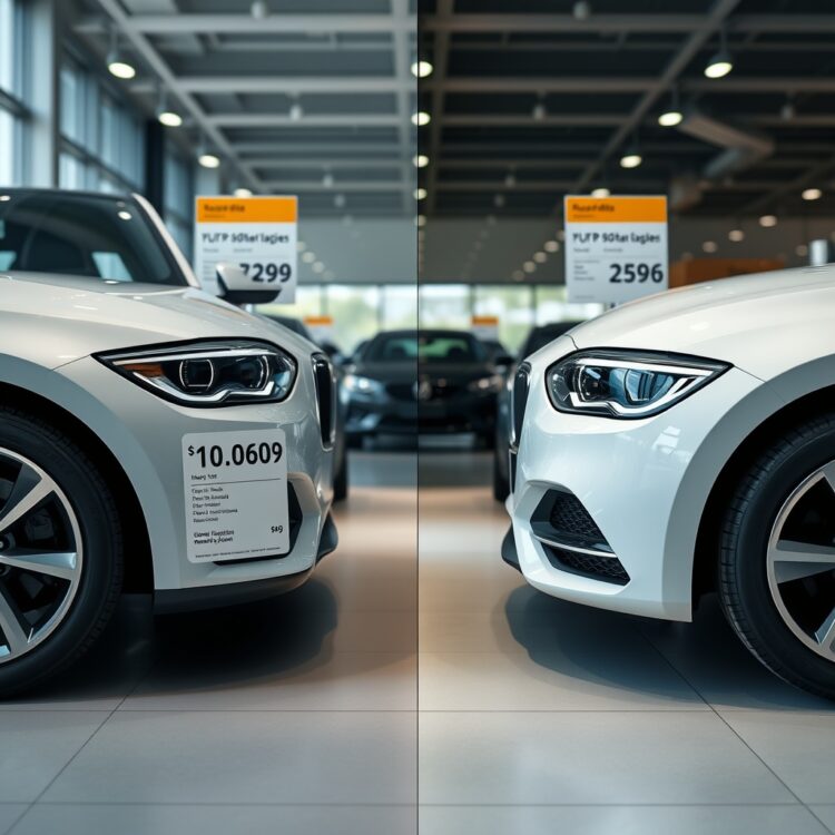 A side-by-side comparison of two new car models in a showroom, highlighting their price tags.