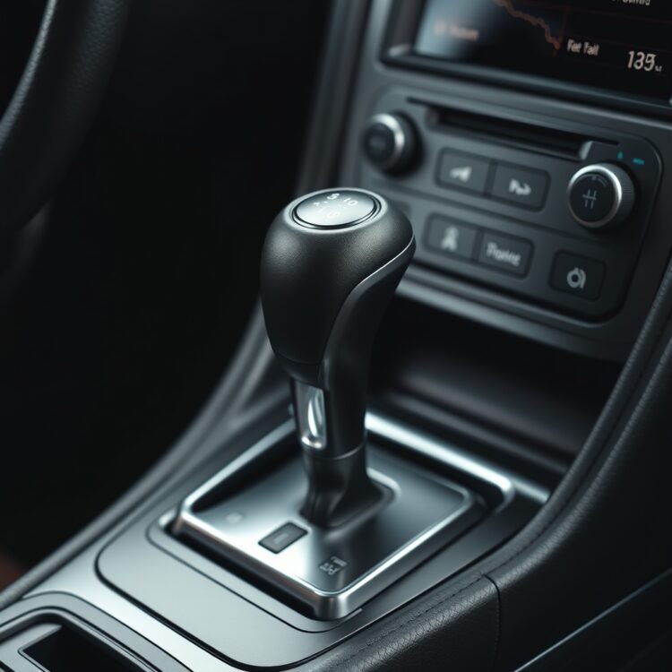 A close-up of a car's gear shift and dashboard, showcasing transmission options.