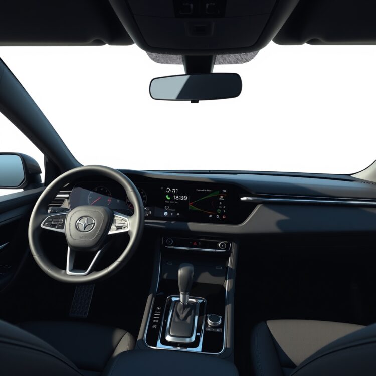 A modern car dashboard with a touchscreen infotainment system and digital controls.