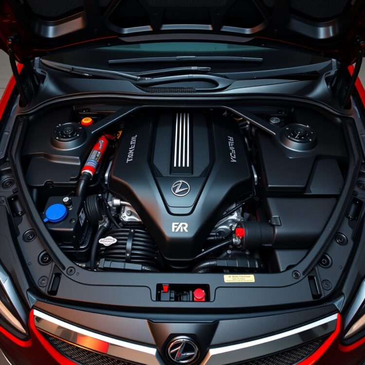 A high-performance Vauxhall VXR engine bay showcasing its engineering and power, under professional lighting.