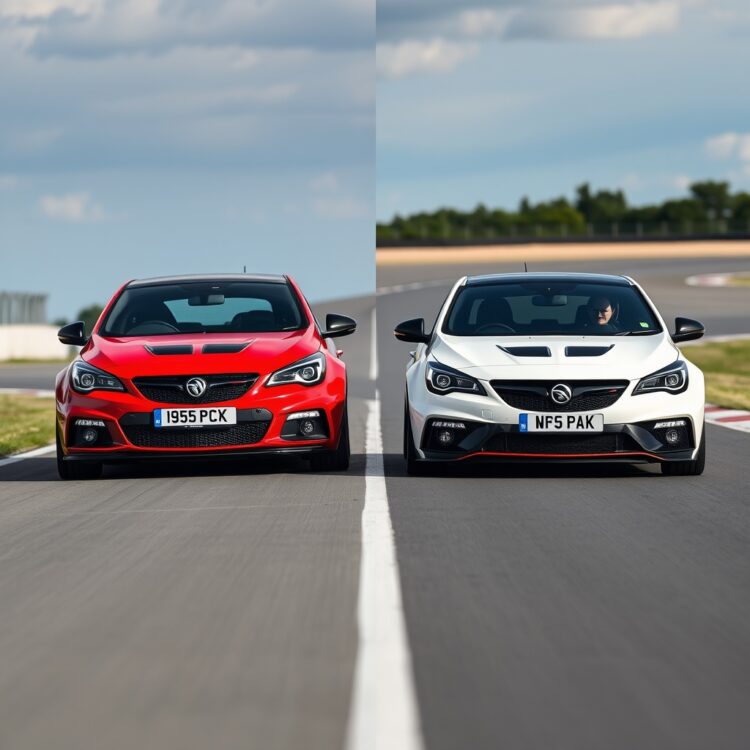 A side-by-side comparison of a Vauxhall VXR and its main competitors on a racetrack, highlighting speed and design differences.