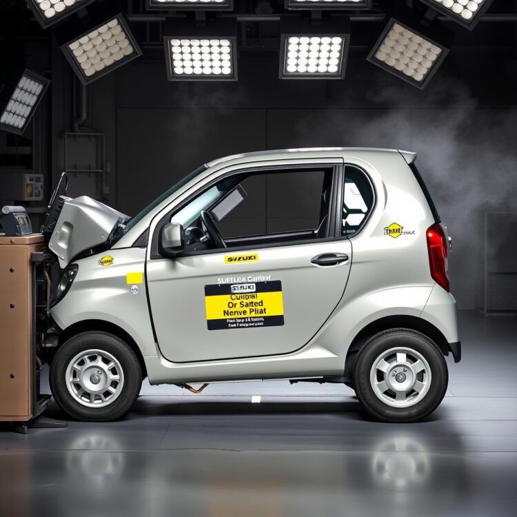 A professional stock photo of a Suzuki Cultus undergoing a crash test, highlighting its safety features without any text