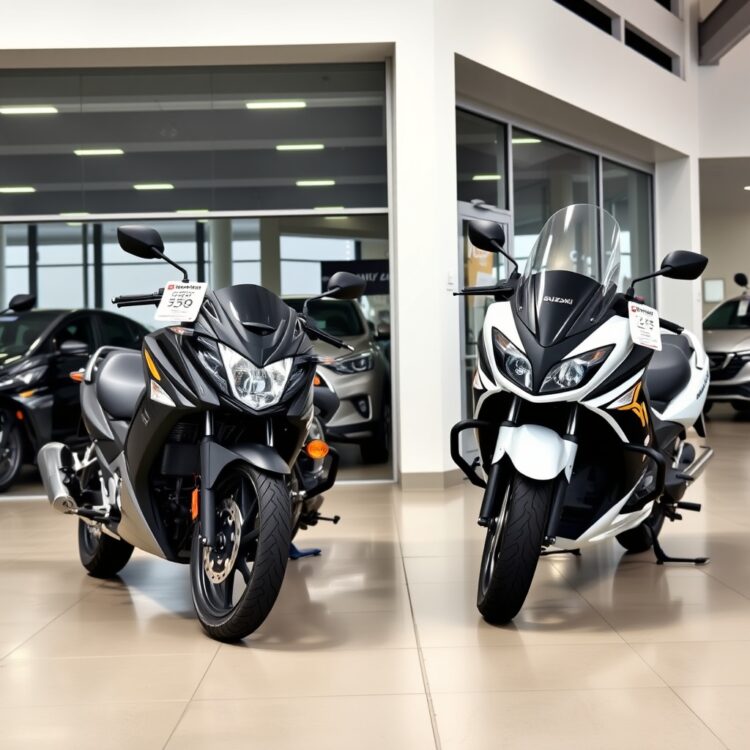 A professional stock photo of a Suzuki Cultus VXR and VXRi parked in a dealership with price tags visible, emphasizing value comparison without text.