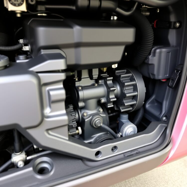 A close-up of the Suzuki Alto VXR's engine bay, highlighting the transmission system and gears, with a clean and professional look.