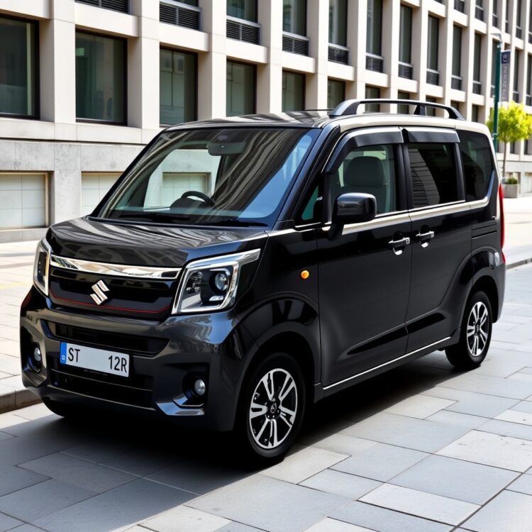 A sleek, modern Suzuki Wagon R parked in an urban setting, highlighting its exterior design and features under natural daylight.