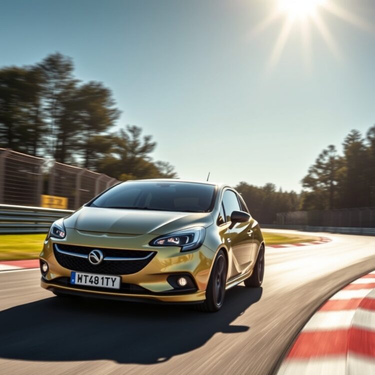 A high-performance Vauxhall Corsa VXR speeding on a racetrack, showcasing its dynamic capabilities and sleek design under the bright sunlight.