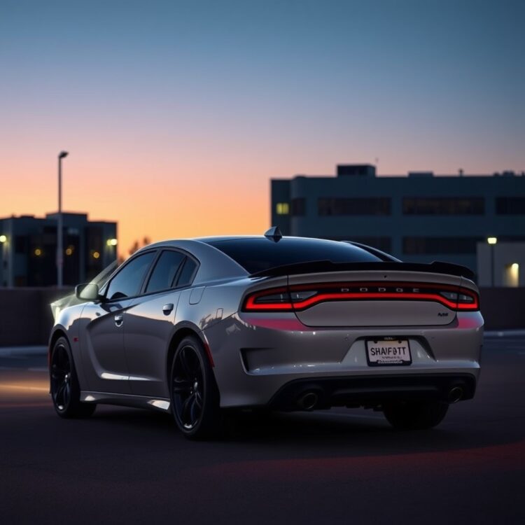 A sleek Dodge Charger R/T parked in a modern urban setting under twilight, showcasing its aggressive stance and iconic R/T badge.