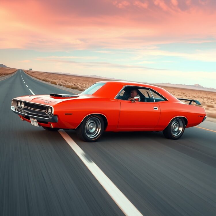 A classic Dodge Challenger R/T in vibrant orange speeding on a deserted highway, capturing the essence of American muscle cars.