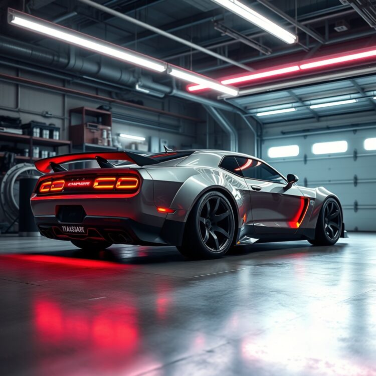 A futuristic concept car with R/T badging, illuminated under neon lights in a high-tech garage, symbolizing the next generation of performance.
