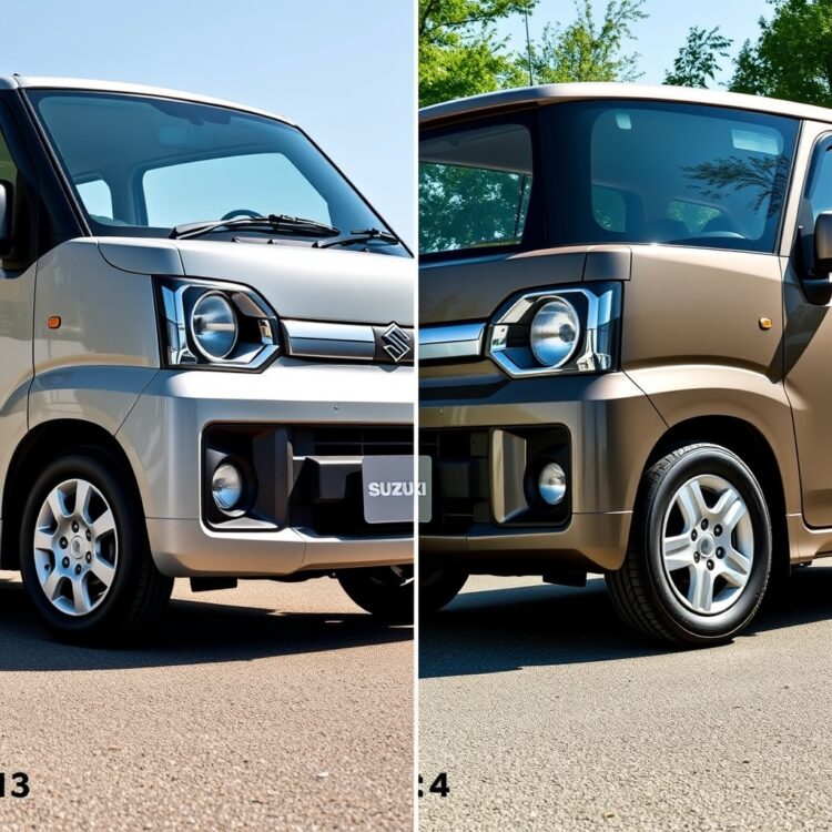 A side-by-side comparison of two Suzuki Wagon R models highlighting their exterior differences, focusing on front design, wheel styles, and lighting under natural daylight.