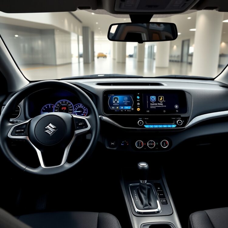 A high-tech dashboard of a Suzuki Wagon R showcasing advanced safety features and infotainment system in a sleek, modern interior setting.