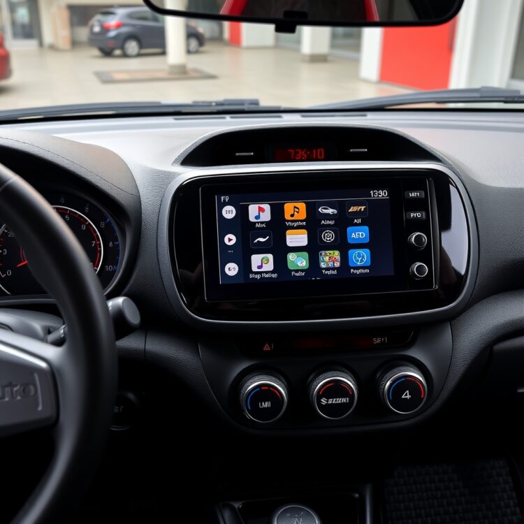 A close-up of the dashboard and infotainment system of a Suzuki Alto, showcasing its technology and connectivity features.