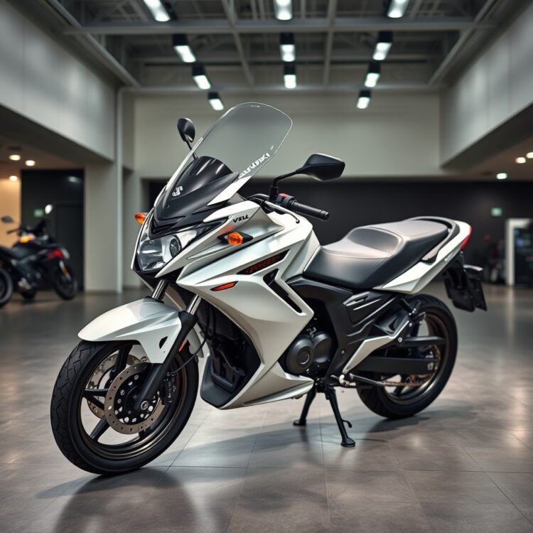 A sleek Suzuki VXL parked in a showroom under bright lights, highlighting its design and features without any text