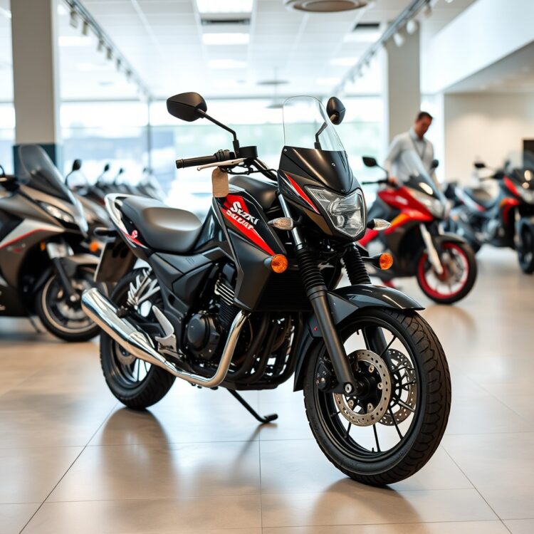 A professional dealership setting with a Suzuki VXL on display, showcasing the buying environment without any text.