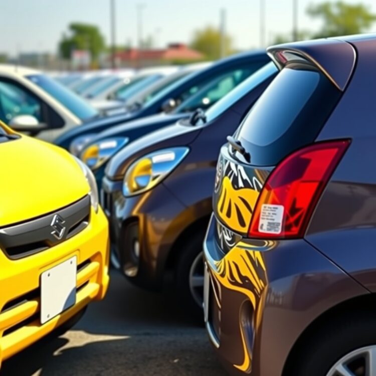A side-by-side comparison of different Suzuki Alto models parked in a row under bright daylight, showcasing their varied designs and colors.