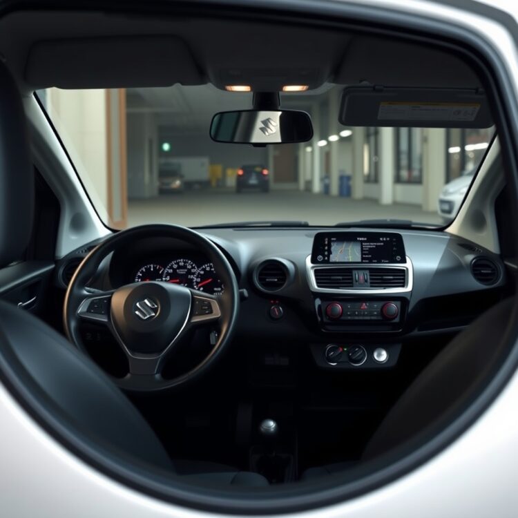 A high-quality interior shot of a Suzuki Alto, focusing on the dashboard and infotainment system, highlighting the technology and comfort features.