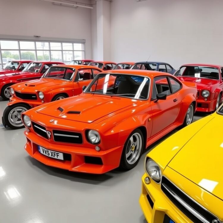 A lineup of classic Vauxhall VXR models in a showroom setting, highlighting their distinctive designs and vibrant colors under professional lighting.