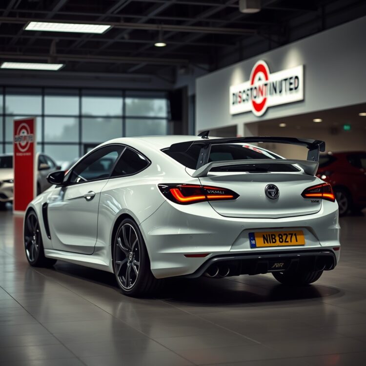 A solitary Vauxhall VXR model in a dealership with a 'discontinued' sign, symbolizing the end of an era, under soft, moody lighting.