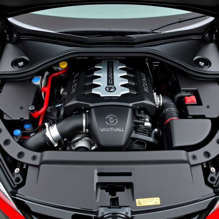 A high-resolution image of a Vauxhall Astra VXR's engine bay, focusing on the turbocharged engine, showcasing its design and components in detail.