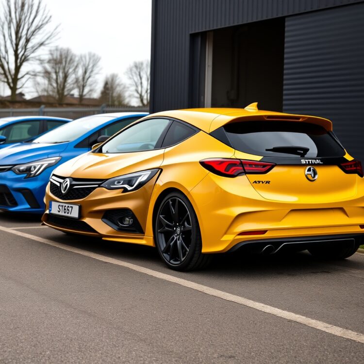 A professional stock photo of a Vauxhall Astra VXR parked next to its main competitors, highlighting its distinctive design and sporty stance.