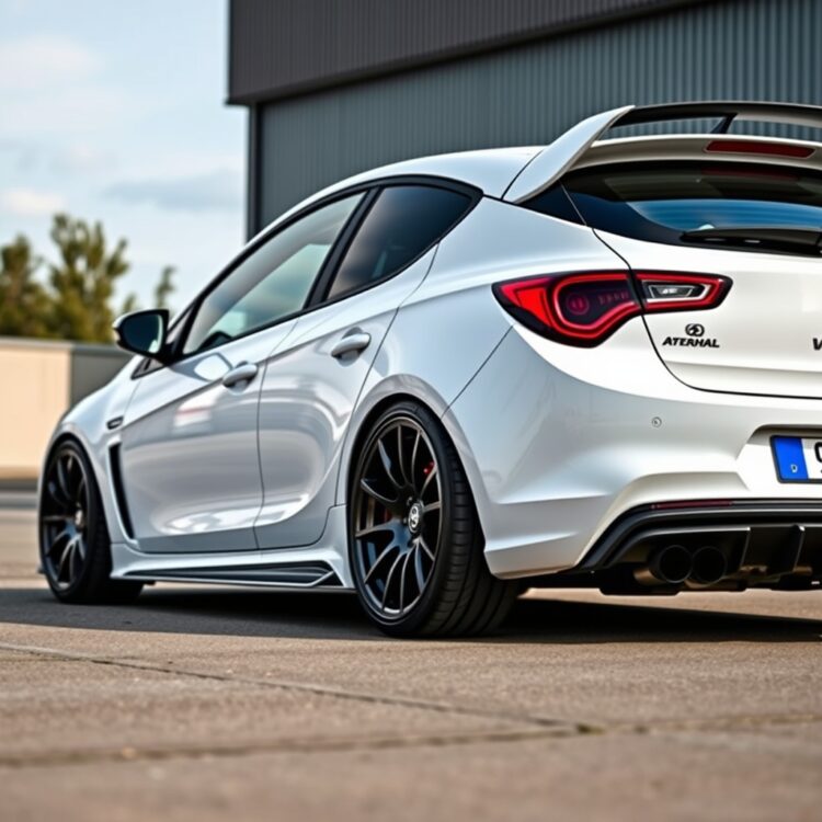 A detailed image of a customized Vauxhall Astra VXR, featuring aftermarket wheels and a lowered suspension, parked in a dynamic setting.
