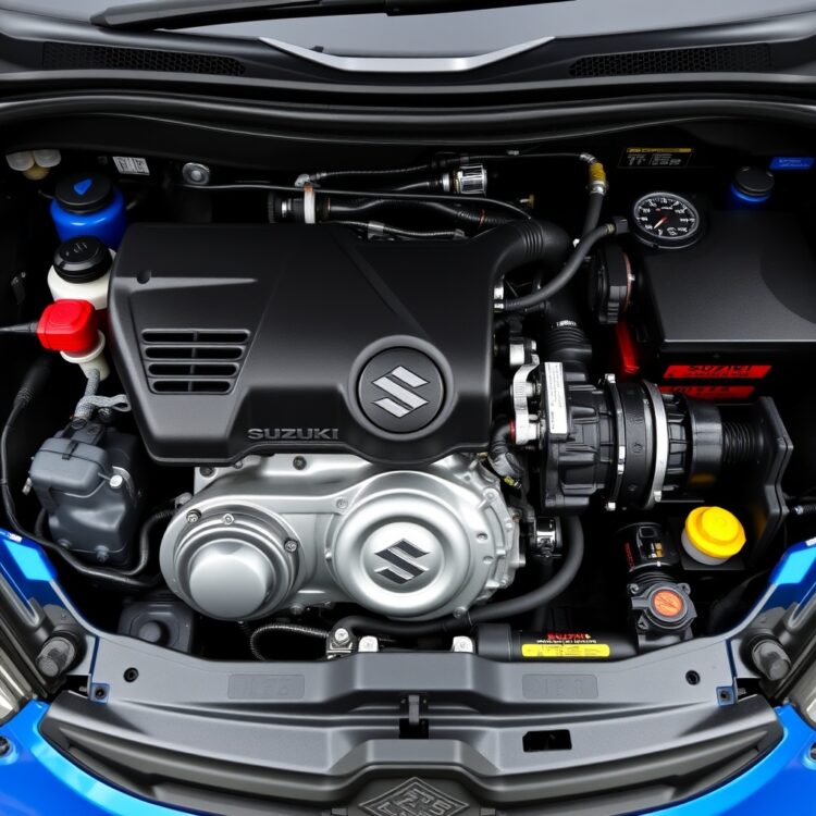 A detailed close-up of the Suzuki Alto VXR AGS engine compartment, highlighting the engine and transmission components with a clean, professional look.