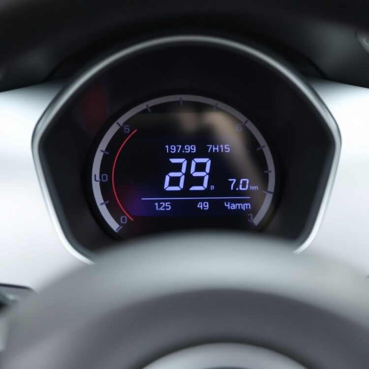 A Suzuki Alto VXR AGS dashboard display showing fuel economy statistics, with a focus on the digital readout and steering wheel in the background.