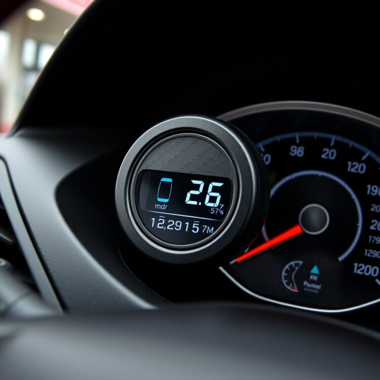 A close-up of a Vauxhall Corsa VXR's fuel cap and dashboard display showing fuel efficiency metrics, set against a blurred background of a gas station.