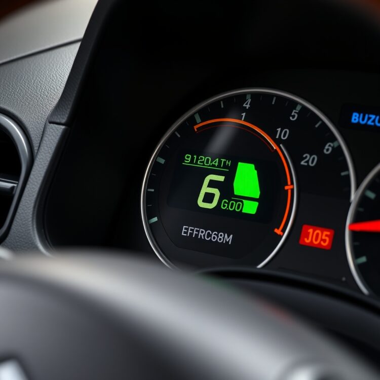 A close-up of a Suzuki Alto's dashboard with the fuel efficiency indicator prominently displayed, showcasing the car's economical fuel consumption.
