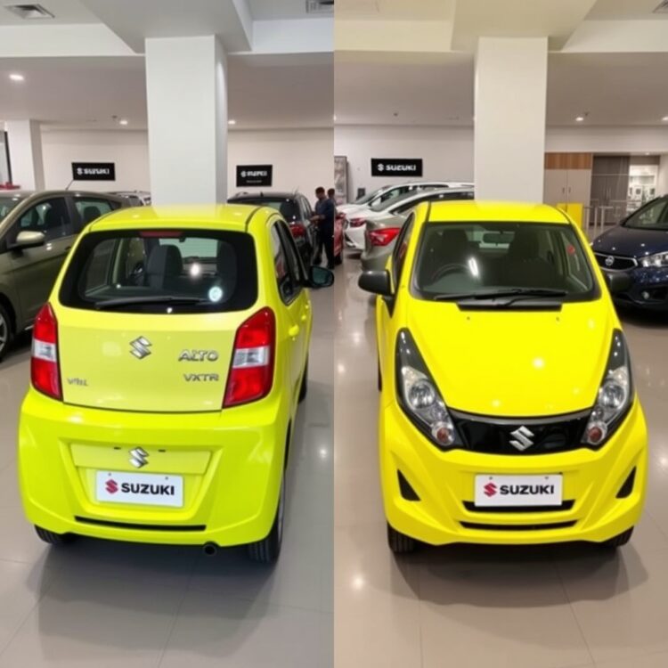 Side-by-side comparison of Suzuki Alto VXR and VXL models in a showroom setting, emphasizing their design and feature differences.