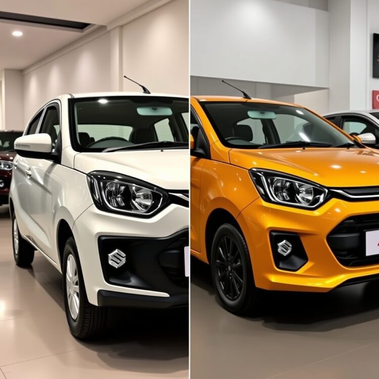 Side-by-side comparison of Suzuki Alto VXL 2025 with its main competitors, focusing on design and features in a showroom setting.