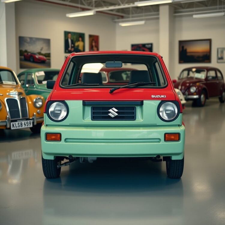 A vintage 1979 Suzuki Alto parked in a classic car showroom, showcasing its original design and color under soft lighting.