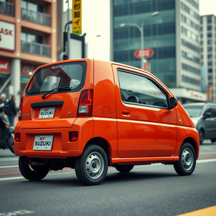 A mid-1990s Suzuki Alto in a dynamic urban setting, highlighting its compact design and vibrant colour options.