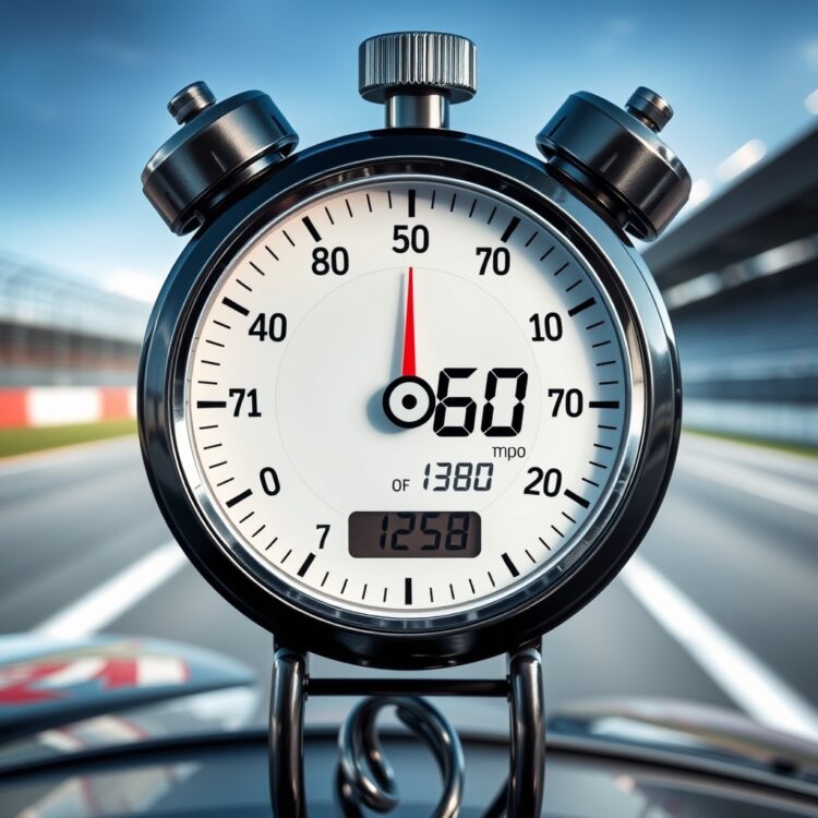 A stopwatch timing a car accelerating from 0 to 60 mph on a racetrack, with a clear focus on the speedometer and the surrounding blur of motion.