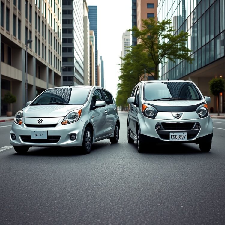 A sleek 2009 Suzuki Alto and a Nissan Pixo side by side on a modern city street, emphasizing their collaborative design elements.