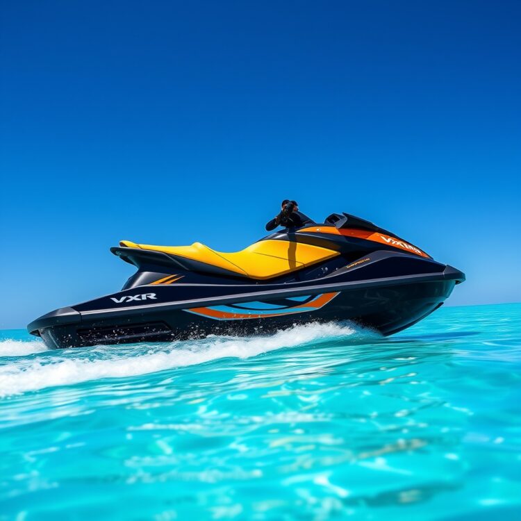 A sleek, high-performance VXR jet ski gliding across crystal-clear water under a bright blue sky, showcasing its dynamic design and vibrant color scheme.