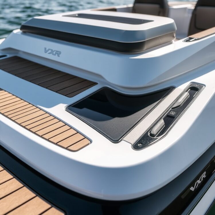 Close-up detail of a VXR's hull and deck, highlighting the robust construction materials and sleek design elements under natural sunlight.