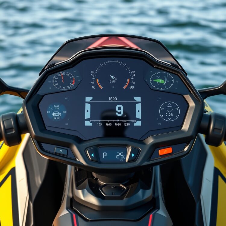A high-tech dashboard of a VXR jet ski, displaying advanced navigation and safety features with a focus on the multifunction information center.