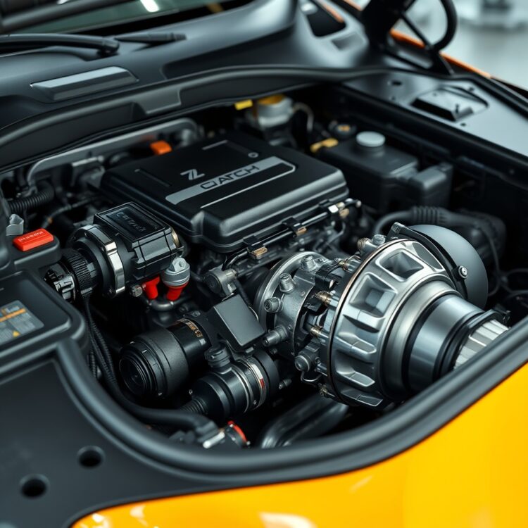 A modern car engine with automatic transmission system visible, highlighting the technology in a professional setting.