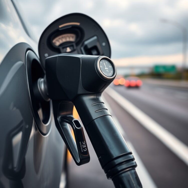 A fuel pump nozzle inserting into a car's fuel tank, symbolizing fuel efficiency, with a blurred background of a highway.