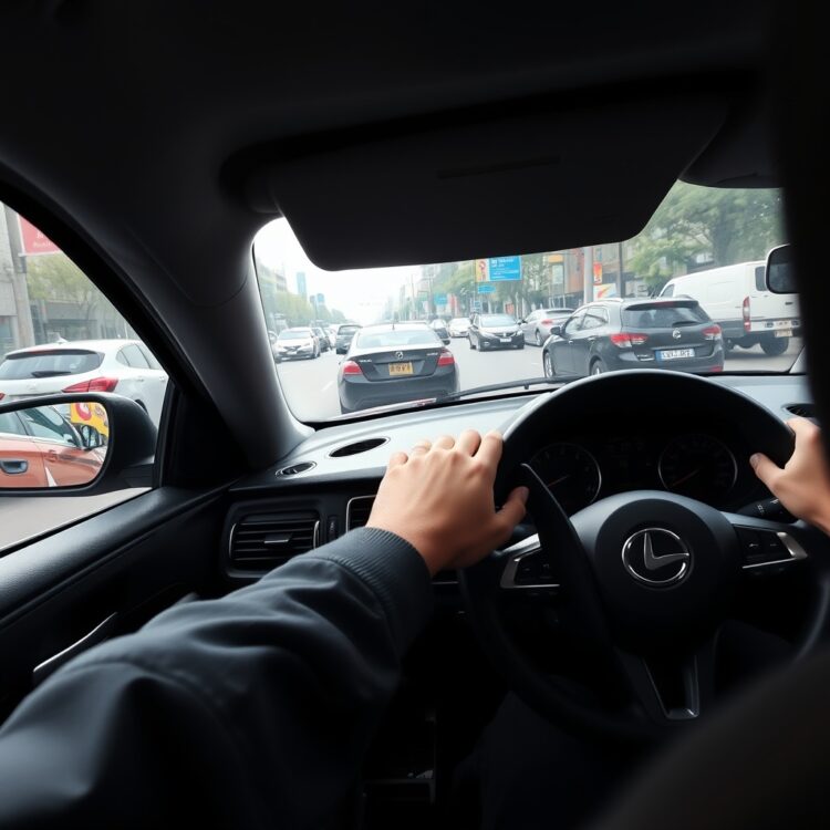 A driver's hands on the steering wheel of a car with automatic transmission, showcasing comfort and ease of driving in city traffic.