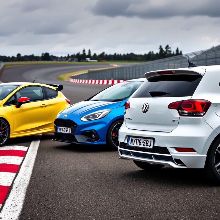 A side-by-side comparison of the Vauxhall Corsa VXR, Ford Fiesta ST, and Volkswagen Polo GTI parked on a racetrack, highlighting their sporty designs.
