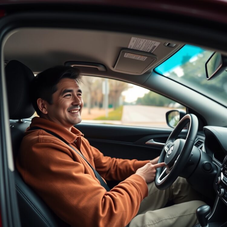 A happy driver enjoying a smooth ride in a Suzuki car equipped with the latest AGS technology, showcasing comfort and ease of driving.