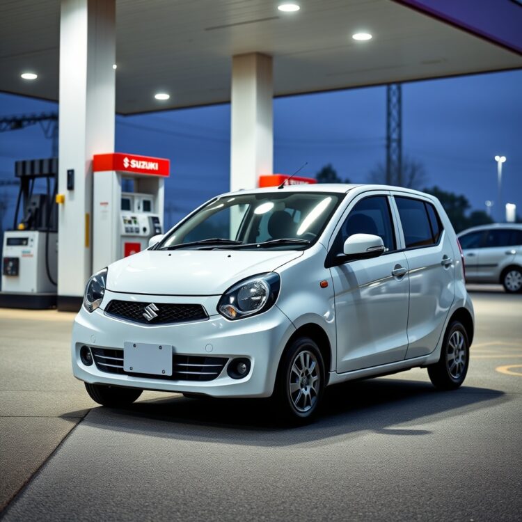A professional stock photo of a Suzuki Alto parked at a petrol station, focusing on the car's compact design and efficiency.